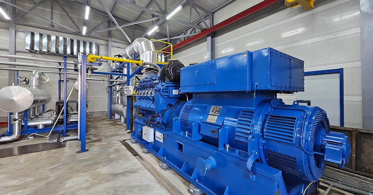 MWM gas engine TCG 2020 V12 in signature blue, installed at Olmazor Heating Plant, Tashkent, Uzbekistan.