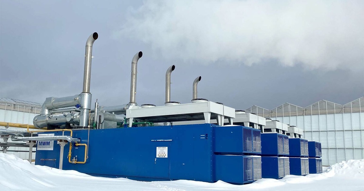 Four containerized MWM TCG 2020 V20 gas engines in signature blue at Turovskiy Greenhouse Complex, Moscow Region, Russia; front unit fully visible with MWM logo on the left, three additional units partially behind, all set outdoors in snowy conditions.